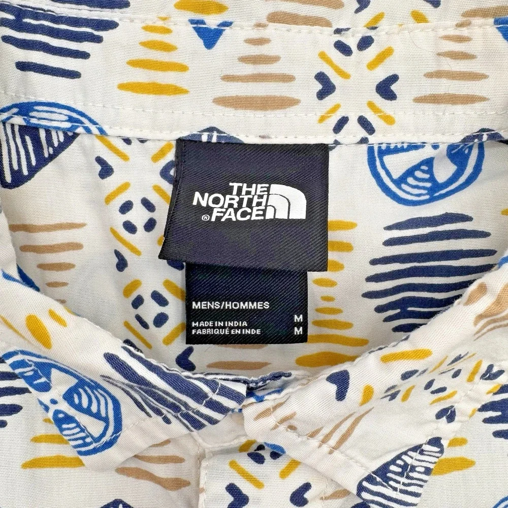 North Face Shirt Men's Med Blue Yellow S/S Tribal Lightweight Button‎ Up Pocket